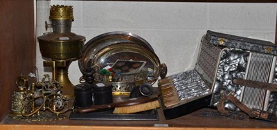 Lot 355 - Silver mounted ebony dressing table set, brass oil lamp, plated wares, brass bell, corkscrew, coins