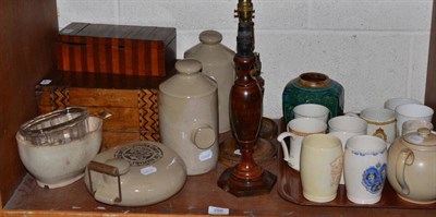 Lot 356 - Victorian walnut writing slope, walking sticks, umbrellas, commemorative mugs, table lamps,...