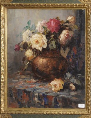 Lot 754 - T"¦V"¦Heinenan (20th century) Roses in a brown vase Indistinctly signed, oil on canvas, 59cm...