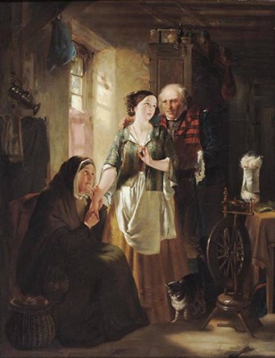 Lot 756 - Thomas Faed (1826-1900) Cottage interior with figures beside a sunlit window, a cat and...