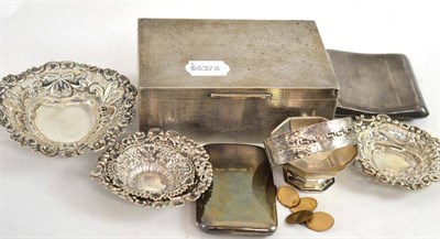 Lot 385 - Two silver cigarette cases, a box,  a pair of gilt cufflinks, four small dishes and a bangle (qty)