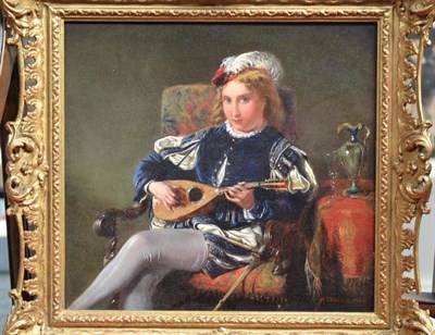 Lot 758 - Henry Stanier (fl.1847-1884, d.1892) Young man seated on a chair playing a lute Signed and...