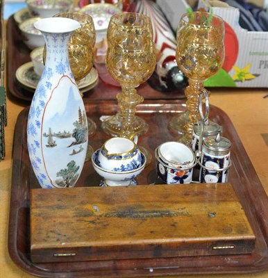 Lot 401 - Six German hock glasses, Davenport blue and white jug and basin, modern vase and three piece cruet