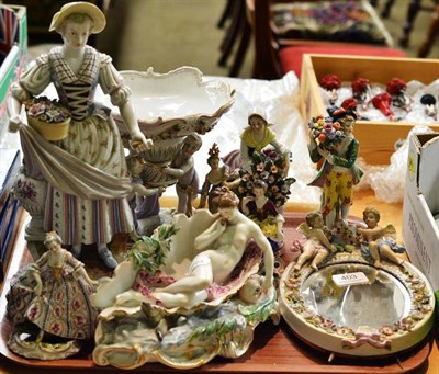 Lot 403 - A tray of Continental ceramics including figures, a comport and an oval strut mirror