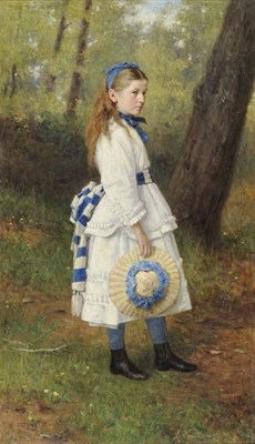 Lot 759 - Sir George Reid PRSA, HRSW (1841-1913) Portrait of a young girl, standing in a sunlit glade,...