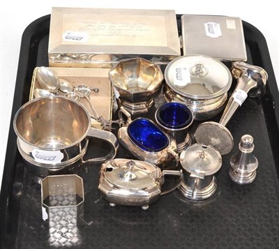 Lot 425 - Small group of silverware including cigarette boxes, table condiments, Christening cup, napkin...