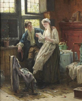 Lot 761 - Edward Antoon Portielje (1861-1949) "Good News " Signed, oil on canvas, 45cm by 37cm