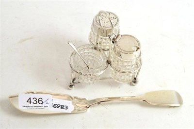 Lot 436 - A 20th century silver cruet set together with a silver butter knife by W R Sobey, Exeter 1842