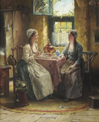 Lot 762 - Edward Antoon Portielje (1861-1949) "Teatime " Signed, oil on canvas, 44.5cm by 37cm