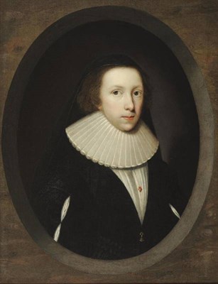 Lot 763 - Attributed to Cornelis Jonson (1593-1664) Dutch Portrait of a young lady, wearing a black dress and