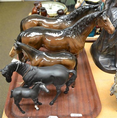 Lot 451 - Five Beswick horses including ";Large Hunter";, Model No.1734, brown gloss, first version and...