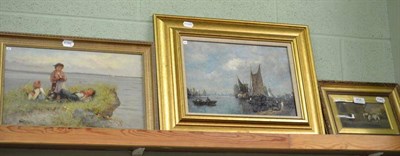 Lot 458 - JC Frisch (19th century) Shipping vessels moored in harbour, signed, oil on canvas, together with a