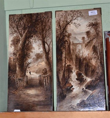 Lot 463 - A pair of tile panels painted with landscapes by William Yale