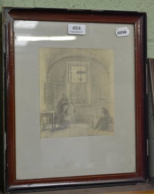 Lot 464 - Alfred Van Myden (1818-1889), Swiss, Interior scene with young monks having their hair cut, signed