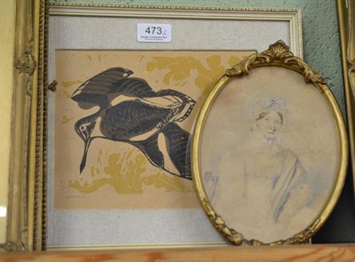 Lot 473 - Alex Jardine linocut of a woodcock and a miniature of a lady by John Downham