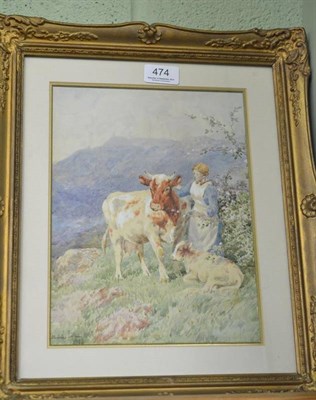 Lot 474 - Charles Collins, A farm girl with a cow and calf in a landscape, signed, watercolour