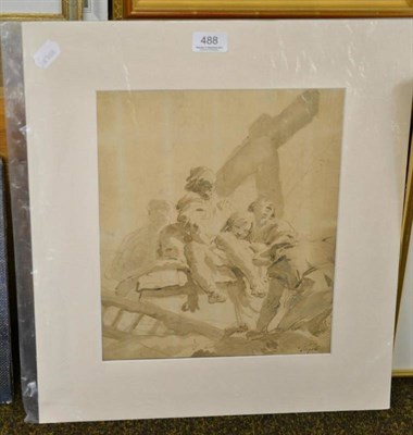 Lot 488 - After Tiepolo, shadow of the cross sepia watercolour, bears signature, unframed