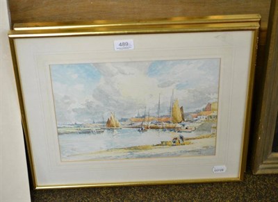 Lot 489 - Pair of framed watercolour Continental scenes with fishing boats by J Morris