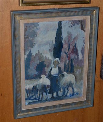 Lot 499 - Roland Ossory Dunlop (1894-1973), farm girl with sheep, signed, oil on board, 32.5cm by 24cm