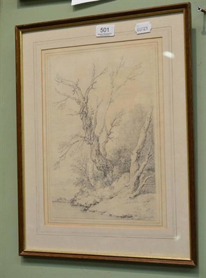 Lot 501 - Joseph Farrington, study of trees on a river bank, pencil, signed lower right