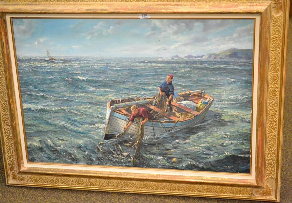 Lot 520 - Victor Elford (1911-2003) Two fisherman hauling in the catch, signed, oil on canvas