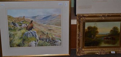 Lot 524 - 19th century oil on canvas, figures fishing with cattle beside a river, signed GWW; together...