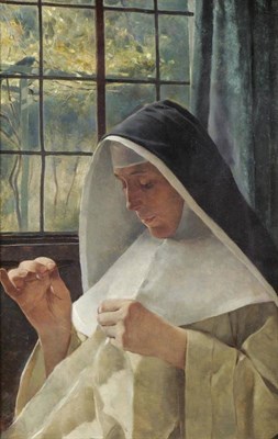 Lot 775 - Tito Lessi (1858-1917) Italian Portrait of a nun, sewing beside a sunlit window Signed,...