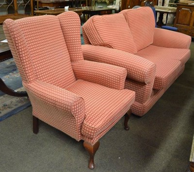 Lot 600 - Reproduction oak open bookcase with two cupboards below and an upholstered two seater settee...