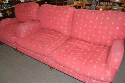 Lot 610 - A two-seater settee and armchair upholstered in crimson and gold brocade