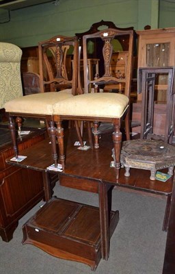 Lot 632 - A mahogany drop leaf table, two inlaid Edwardian chairs, another chair, cheval mirror,...