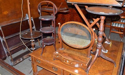 Lot 639 - Mahogany wall shelves, cake stand, tripod table, dressing mirror and standard lamp (5)