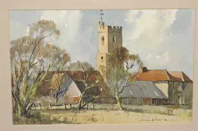 Lot 788 - Edward Wesson (1910-1983) Cottages and wooden barns amongst trees, a church nearby Signed, pen, ink