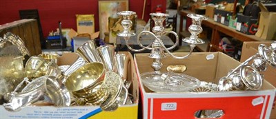 Lot 722 - Two boxes of plated ware including candelabra, nine Spanish plated goblets with gilt bowls,...