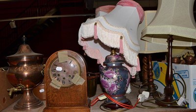 Lot 726 - A quantity of miscellaneous items including ceramics, lamps, brass, copper tea urn, clock case,...