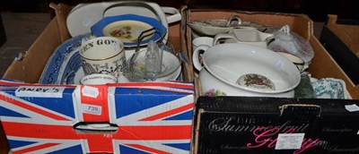 Lot 739 - Wedgwood mug, Poole pottery, blue and white meat plates, commemorative wares etc in two boxes