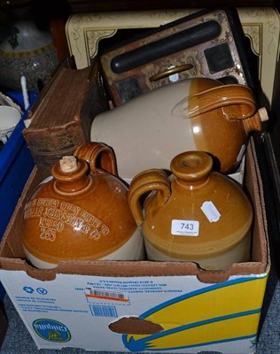 Lot 743 - Family bible, three stoneware bottles, inkstand and mantel clocks