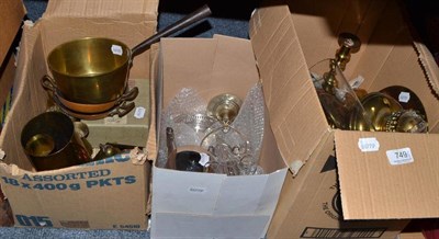 Lot 749 - Assorted items of brass and copper including an oil lamp, candlesticks, saucepan, etc and a...