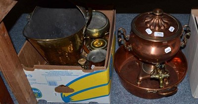 Lot 755 - Assorted copper and brass including Victorian tea urn, Victorian two-handled simmering pan,...