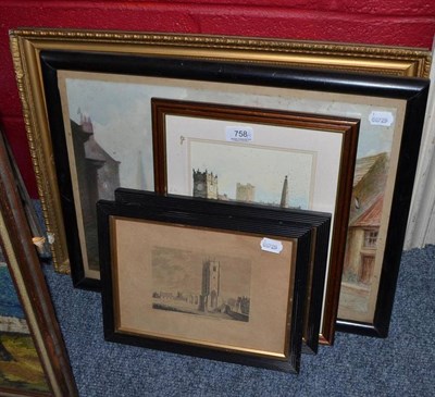 Lot 758 - Framed amateur watercolour of Richmond, framed oil on board of Durham Cathedral and three...