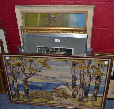 Lot 759 - A gilt framed oil on canvas haymaking scene signed R Pearson, three framed pictures of an...