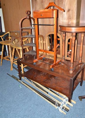 Lot 777 - A pair of beech high stools, four tier cake stand, dressing table mirror, a pan rack, circular...