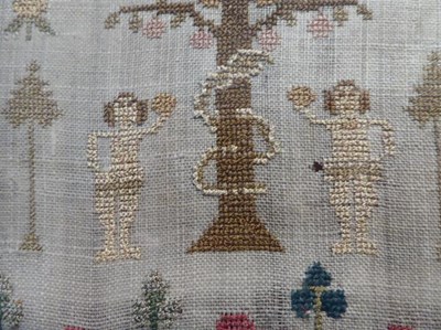 Lot 2059 - A Small Victorian Adam and Eve Sampler Worked...