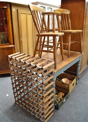 Lot 784 - Painted pine kitchen table, wine rack, two stick back chairs and a stool