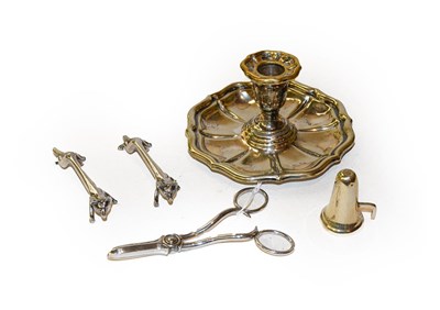 Lot 182 - A silver plated chamber stick and snuffer,...
