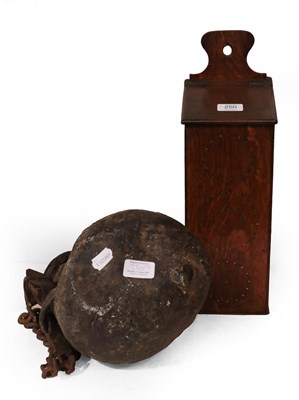 Lot 250 - A primitive leather flask with attached metal...