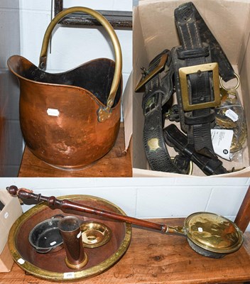 Lot 295 - A brass warming pan, copper coal scuttle,...