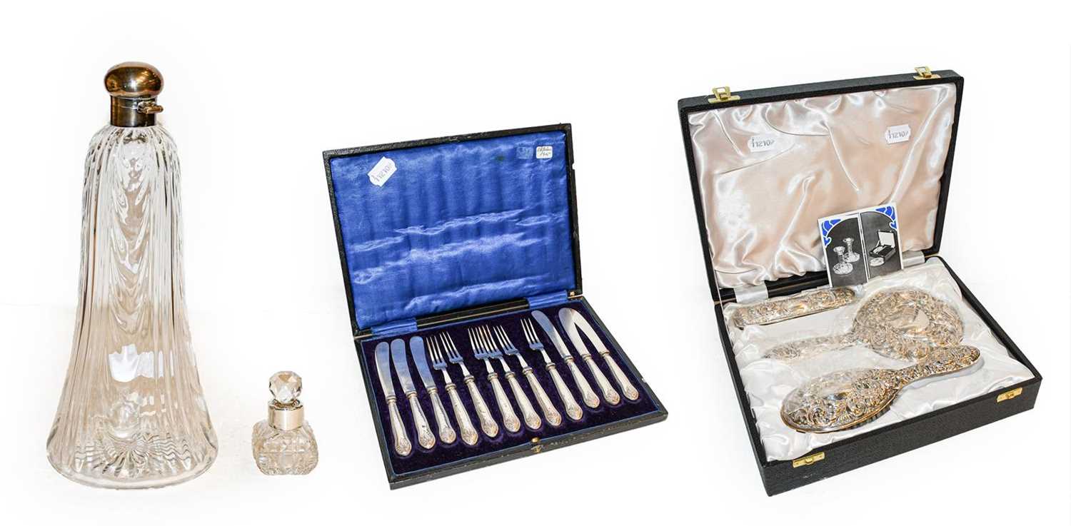 Lot 33 - Cased silver three-piece dressing table set, a...