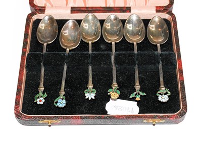 Lot 409 - A cased set of six George V silver and enamel...