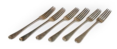 Lot 412 - A set of six George III silver table-forks, by...