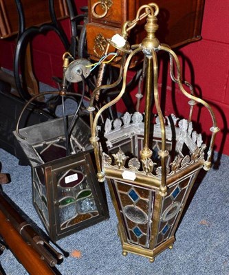 Lot 841 - Arts & Crafts leaded glass lantern and late Victorian brass hanging lantern